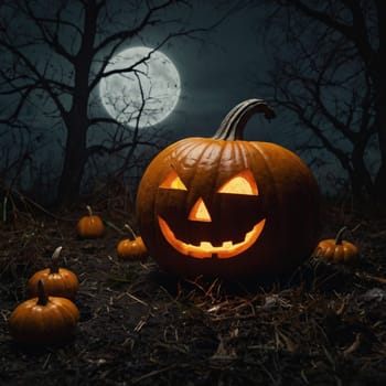 Lots of Halloween glowing pumpkins in a dark forest. Forest in the rays of moonlight and candles