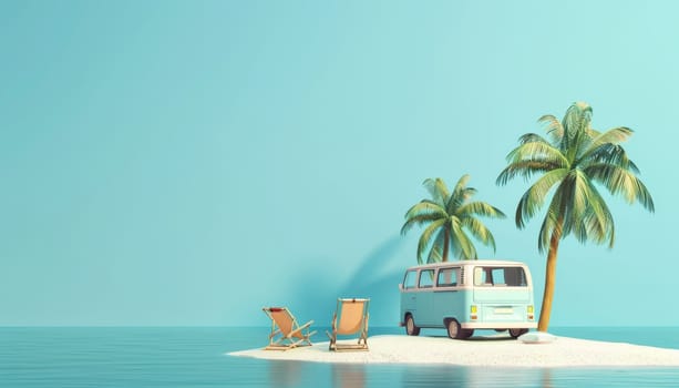 3D rendering of a cartoon travel bus on the beach with palm trees. Concept of summer vacation and fun by AI generated image.