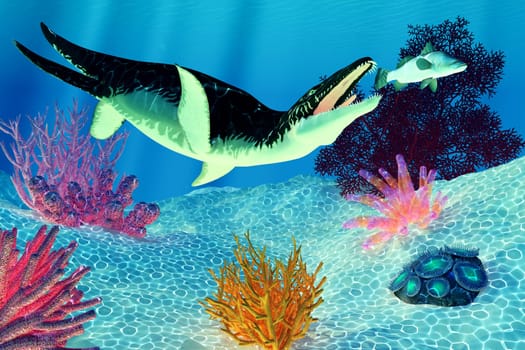 A carnivorous Liopleurodon tries to catch a Barramundi fish near a reef full of corals.