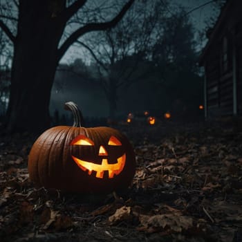 Lots of Halloween glowing pumpkins in a dark courtyard with an old house behind them. The site of the house is gloomy and autumnal.