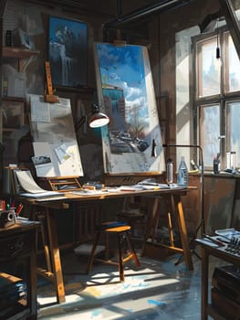 An artists studio filled with modern technology and sunlight. Digital canvases and smart brushes aid in the creative process.