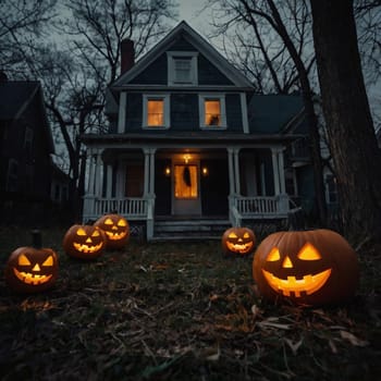 Lots of Halloween glowing pumpkins in a dark courtyard with an old house behind them. The site of the house is gloomy and autumnal.