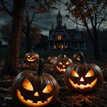 Lots of Halloween glowing pumpkins in a dark courtyard with an old house behind them. The site of the house is gloomy and autumnal.