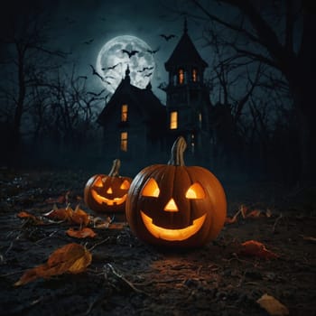 Lots of Halloween glowing pumpkins in a dark courtyard with an old house behind them. The site of the house is gloomy and autumnal.