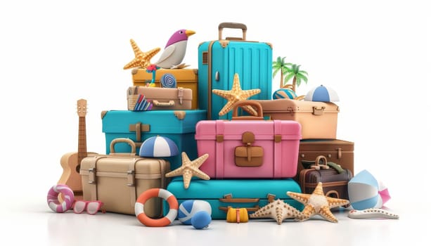 Pile of luggage, beach accessories, and travel items. Concept of vacation and summer holiday by AI generated image.