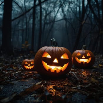 Lots of Halloween glowing pumpkins in a dark forest. Forest in the rays of moonlight and candles