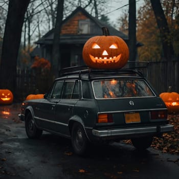 Halloween glowing pumpkin stands on the car in the yard with an old house.