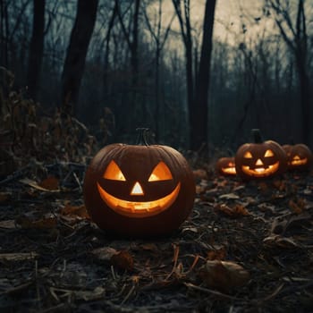 Lots of Halloween glowing pumpkins in a dark forest. Forest in the rays of moonlight and candles