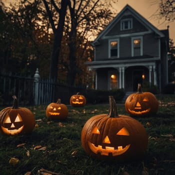 Lots of Halloween glowing pumpkins in a dark courtyard with an old house behind them. The site of the house is gloomy and autumnal.