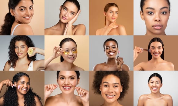 A unified display of global skincare practices, with women from different cultures in a vibrant collage on a minimalist background.