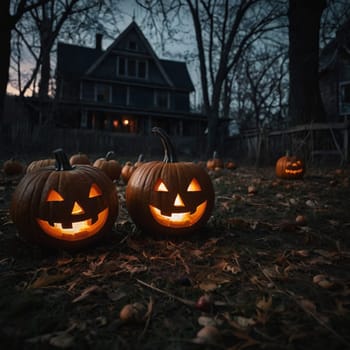 Lots of Halloween glowing pumpkins in a dark courtyard with an old house behind them. The site of the house is gloomy and autumnal.