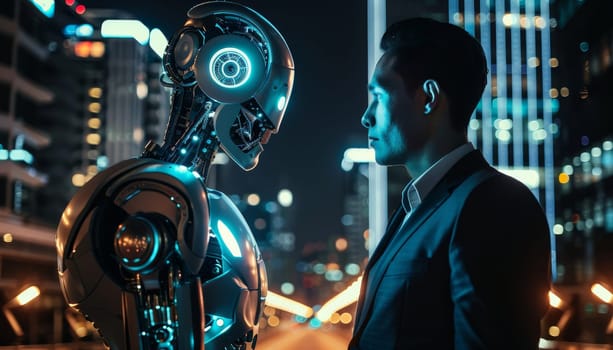 A man stands in front of a robot with a suit on by AI generated image.