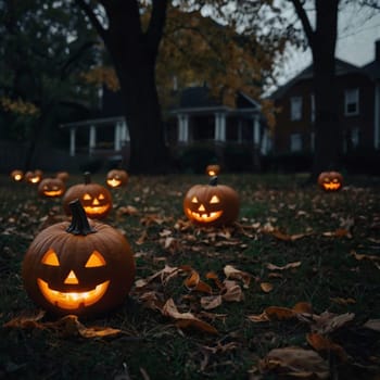 Lots of Halloween glowing pumpkins in a dark courtyard with an old house behind them. The site of the house is gloomy and autumnal.