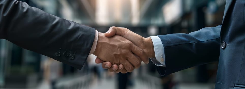 Two men shaking hands in a business setting by AI generated image.