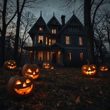 Lots of Halloween glowing pumpkins in a dark courtyard with an old house behind them. The site of the house is gloomy and autumnal.