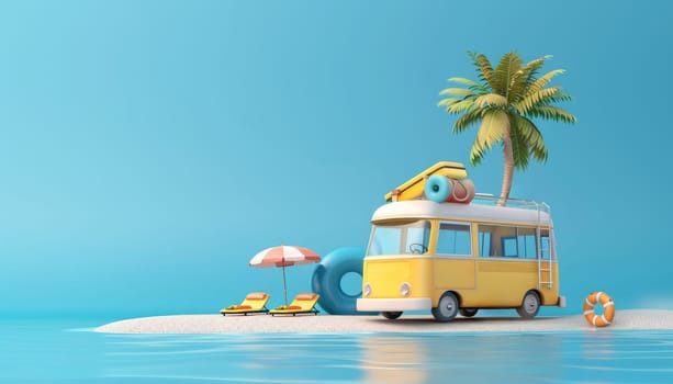 3D rendering of a cartoon travel bus on the beach with palm trees. Concept of summer vacation and fun by AI generated image.