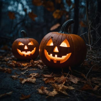 Lots of Halloween glowing pumpkins in a dark forest. Forest in the rays of moonlight and candles