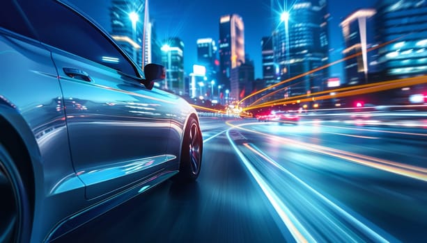 A car is driving down a city street at night. The car is blurry, and the city lights are reflected in the car's headlights. Concept of motion and excitement, as the car speeds through the city