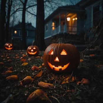 Lots of Halloween glowing pumpkins in a dark courtyard with an old house behind them. The site of the house is gloomy and autumnal.