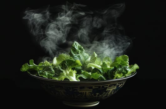 A bowl of green salad with steam rising from it by AI generated image.