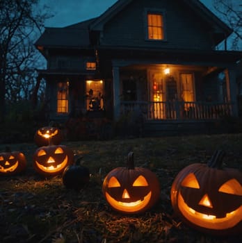 Lots of Halloween glowing pumpkins in a dark courtyard with an old house behind them. The site of the house is gloomy and autumnal.