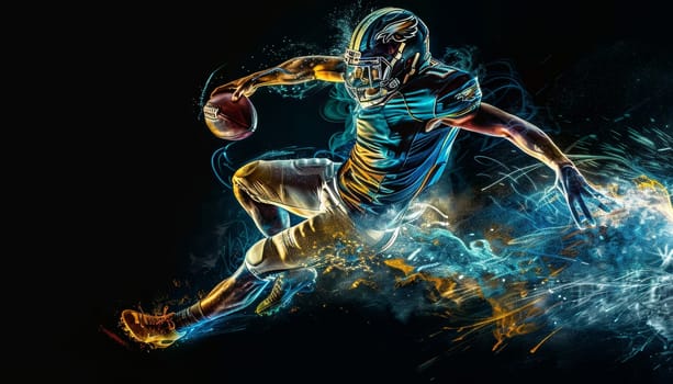 A football player is jumping in the air with a blue and white jersey by AI generated image.