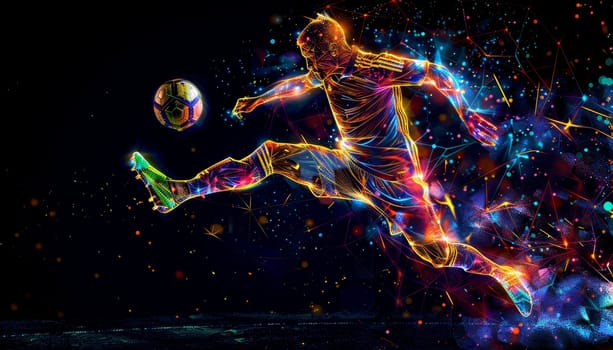 A man in a colorful outfit is kicking a soccer ball by AI generated image.