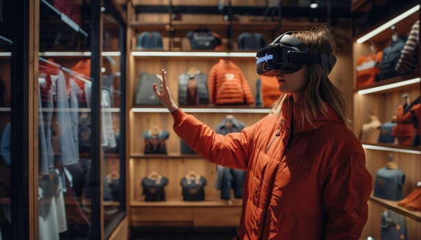 A woman in an orange jacket is playing a video game in a store by AI generated image.