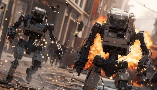 Two robots are fighting in a city with a lot of fire by AI generated image.