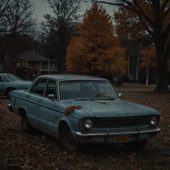 Vintage blue car in the yard of an old house in gloomy autumn. High quality photo