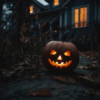 Halloween glowing pumpkin in a dark courtyard with an old house behind them. The site of the house is gloomy and autumnal.