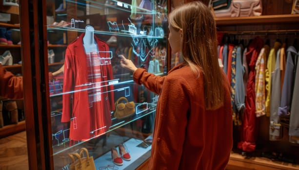 A woman in an orange jacket is playing a video game in a store by AI generated image.