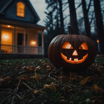 Halloween glowing pumpkin in a dark courtyard with an old house behind them. The site of the house is gloomy and autumnal.