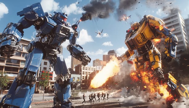 Two giant robots are fighting in a city with people running away by AI generated image.