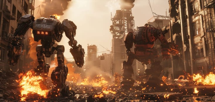 Two robots are fighting in a city with a lot of fire by AI generated image.