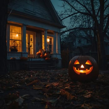 Halloween glowing pumpkin in a dark courtyard with an old house behind them. The site of the house is gloomy and autumnal.