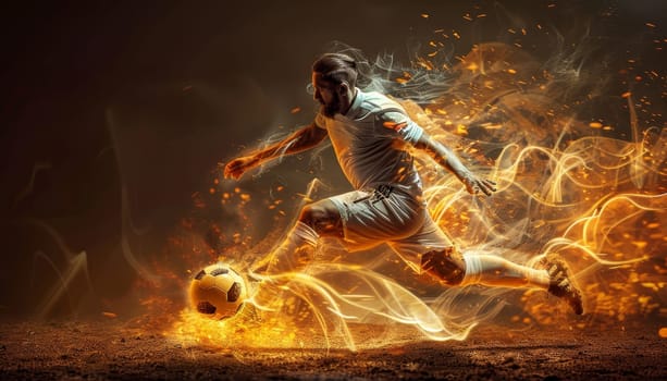 A man kicking a soccer ball in a fiery, glowing environment by AI generated image.