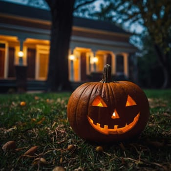 Halloween glowing pumpkin in a dark courtyard with an old house behind them. The site of the house is gloomy and autumnal.