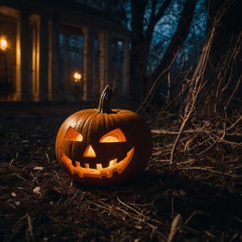 Halloween glowing pumpkin in a dark courtyard with an old house behind them. The site of the house is gloomy and autumnal.