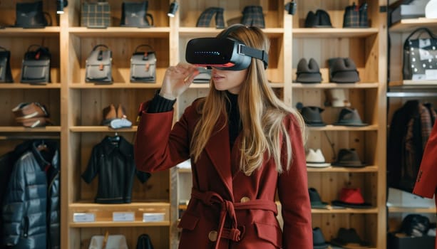 A woman in an orange jacket is playing a video game in a store by AI generated image.