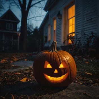 Halloween glowing pumpkin in a dark courtyard with an old house behind them. The site of the house is gloomy and autumnal.