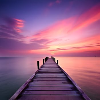 Wooden Pier Extending into the Sea at Sunset