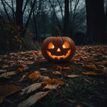 Halloween glowing pumpkin in a dark courtyard. Good Quality