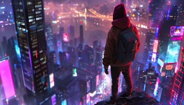 A man is standing on a rooftop in a city with neon lights and a backpack by AI generated image.