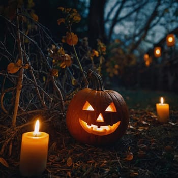 Halloween glowing pumpkin in a dark courtyard with candles. Good Quality