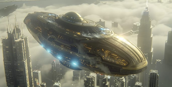 A large spaceship is flying over a city. The sky is cloudy and the city is lit up with lights. Scene is futuristic and exciting