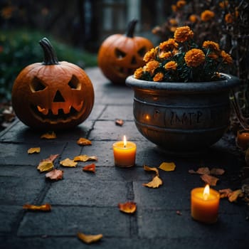 Halloween glowing pumpkin in a dark courtyard with candles. Good Quality