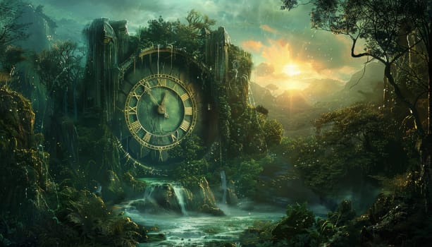 A clock tower with a large clock face in a lush green forest by AI generated image.