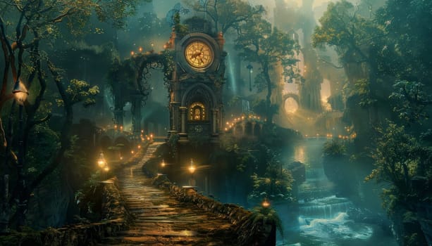 A fantasy scene with a large clock tower in the center by AI generated image.