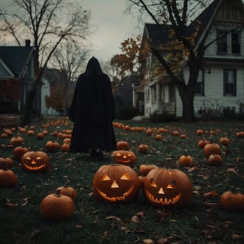 Halloween glowing pumpkins in a dark courtyard with candles. Good Quality. A tall figure in a black cloak walks through a gloomy garden.